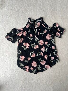 Floral Cold-Shoulder Blouse - Black with Pink Flowers